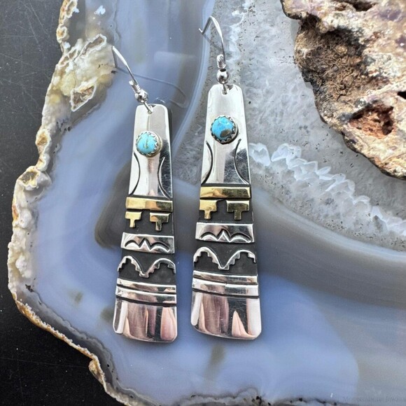 Tommy & Rosita Singer Sterling & Gold Filled Turquoise Elongated Dangle Earrings - Picture 5 of 10